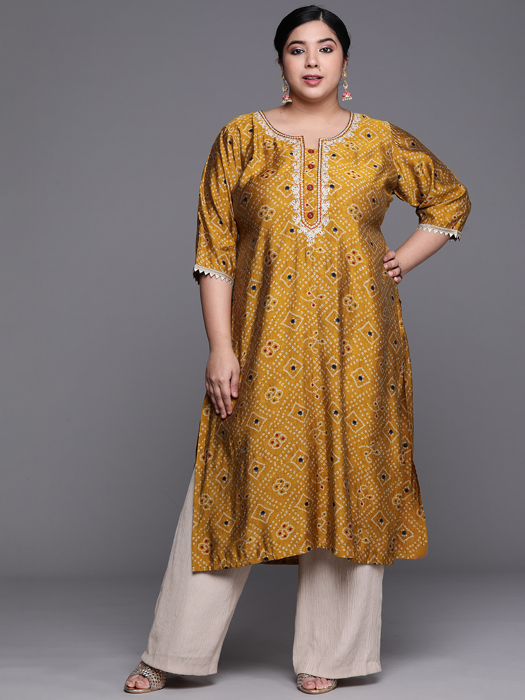 

EXTRA LOVE BY LIBAS Plus Size Women Mustard Yellow & White Bandhani Printed Kurta
