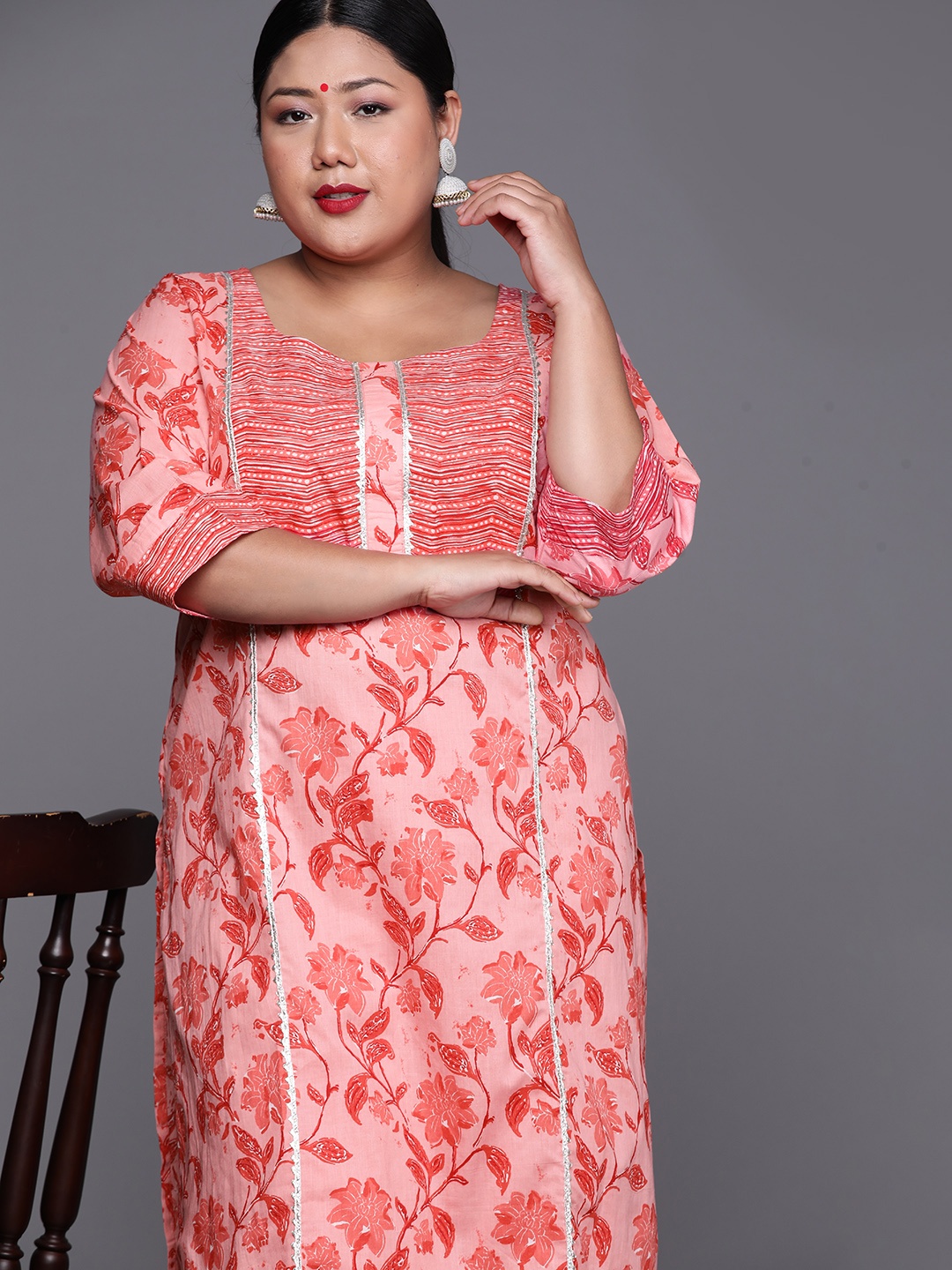 

EXTRA LOVE BY LIBAS Plus Size Women Peach-Coloured Floral Print Gotta Patti Kurta