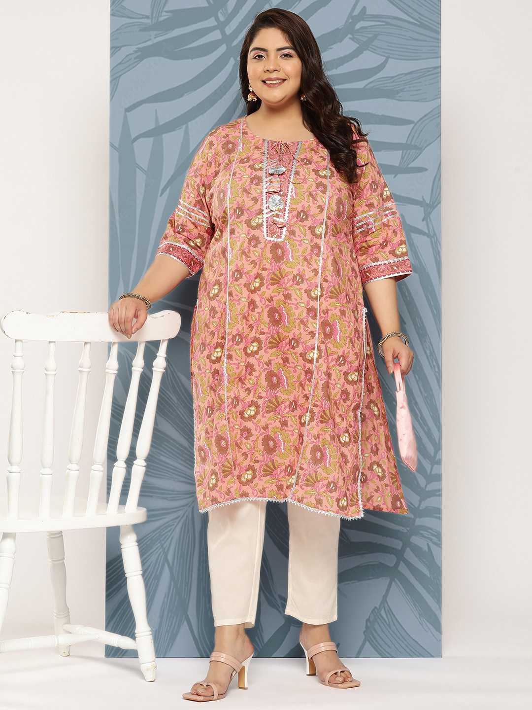 

EXTRA LOVE BY LIBAS Plus Size Women Pink & Brown Pure Cotton Floral Printed Kurta