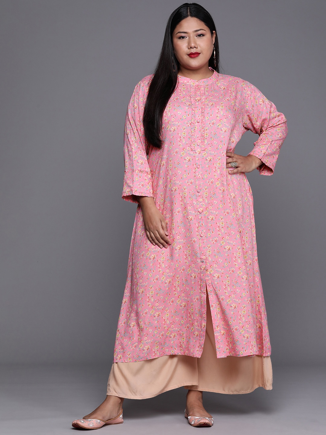 

EXTRA LOVE BY LIBAS Women Plus Size Pink Floral Printed Floral Kurta