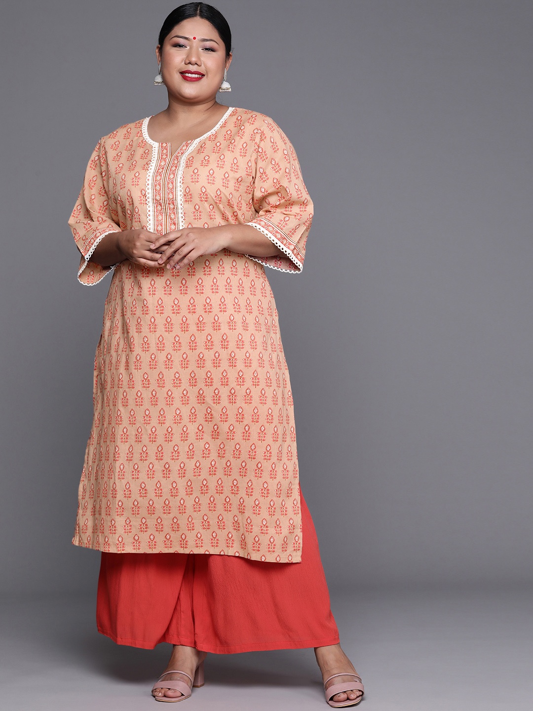 

EXTRA LOVE BY LIBAS Plus Size Women Peach-Coloured & White Pure Cotton Printed Kurta