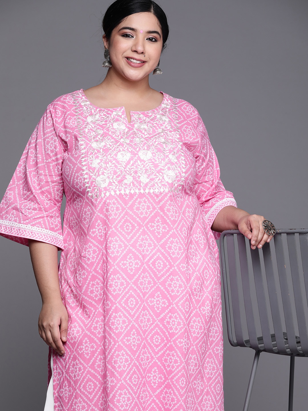 

EXTRA LOVE BY LIBAS Women Plus Size Pink Printed Flared Sleeves Floral Kurta