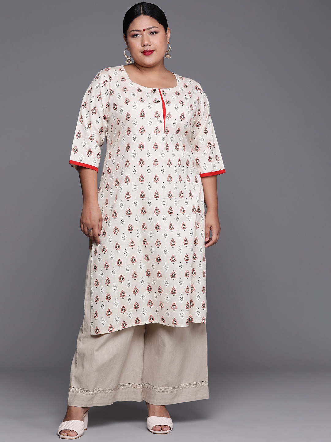 

EXTRA LOVE BY LIBAS Plus Size Women White & Maroon Pure Cotton Ethnic Motifs Printed Kurta