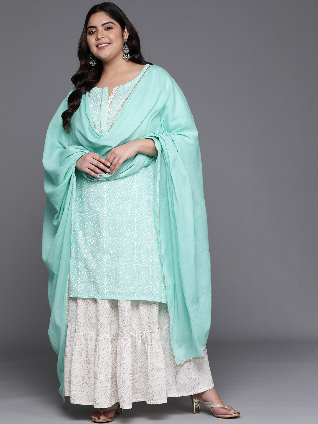 

EXTRA LOVE BY LIBAS Women Sea Green Bandhani Printed Pure Cotton Kurta with Skirt & With Dupatta