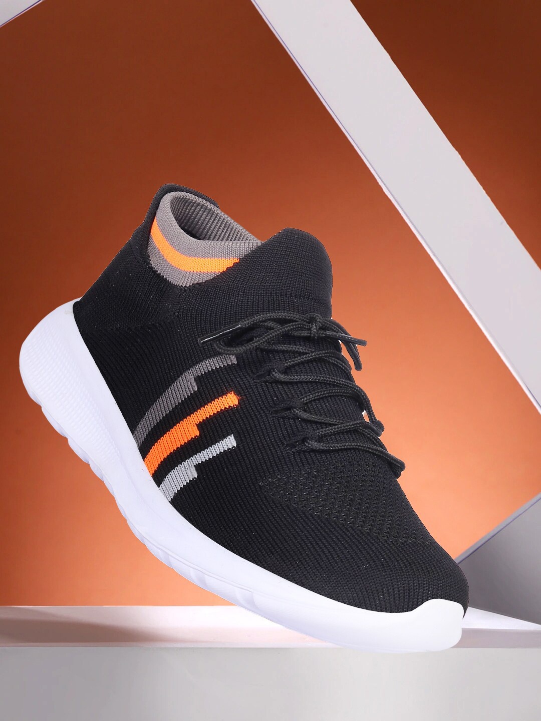 

CLYMB Men Black & Orange Mesh Mid-Top Running Shoes