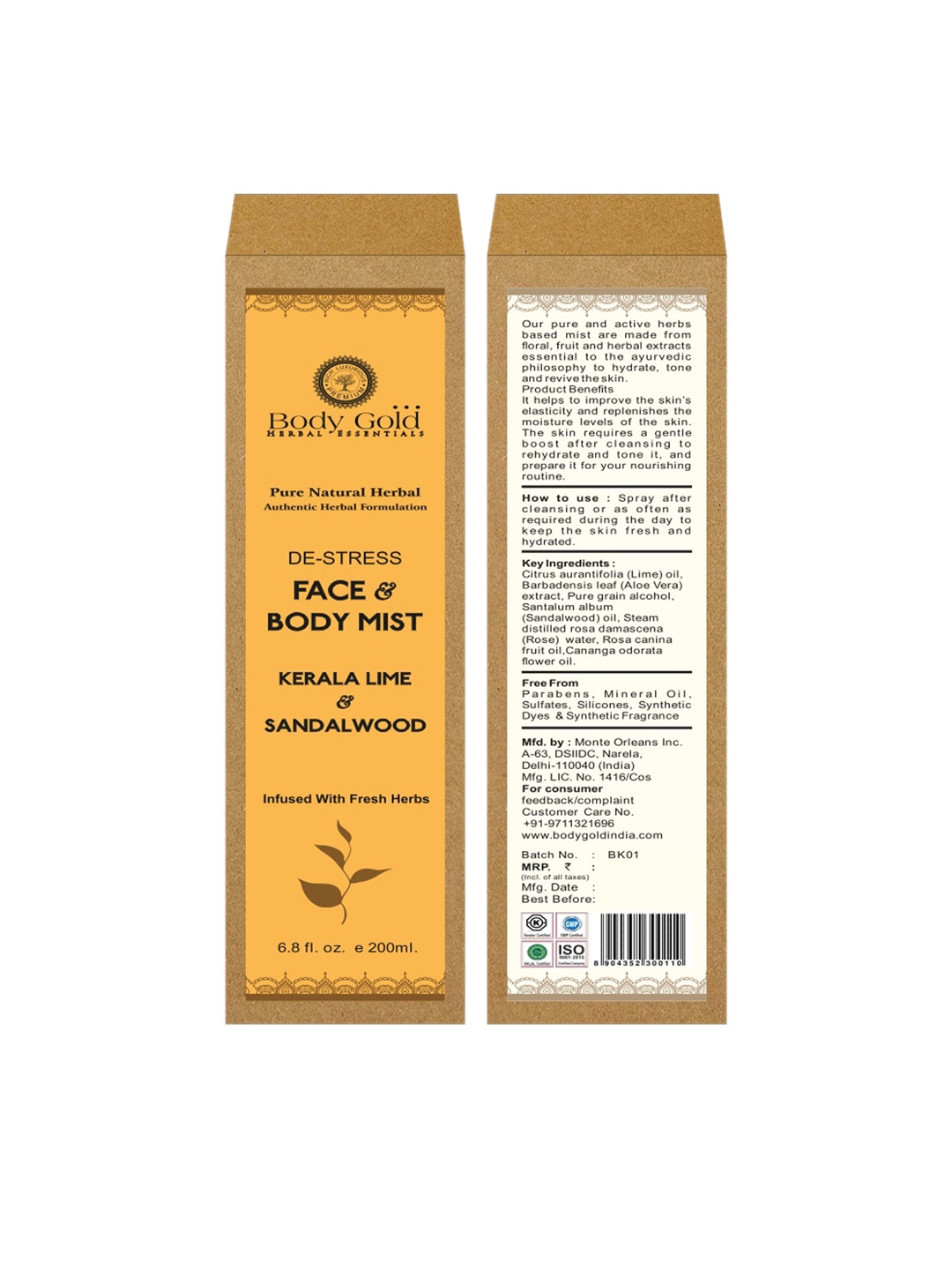 

Body Gold Kerala Lime & Sandalwood De-Stress Face & Body Mist Toner 200 ml, Beige
