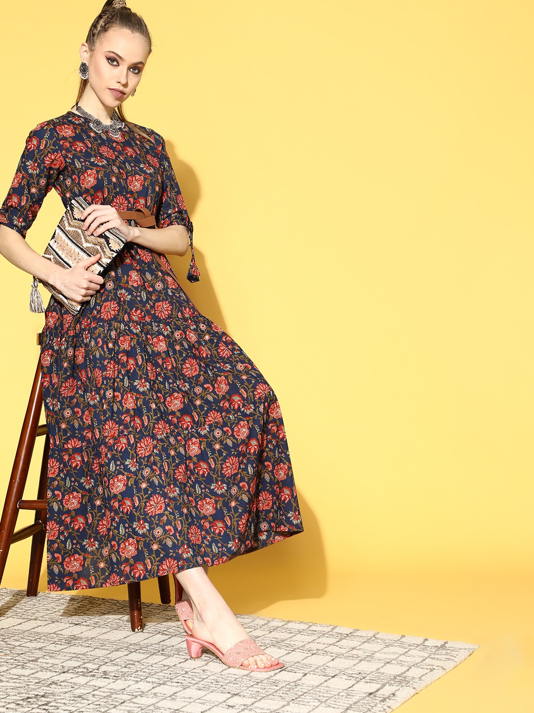 

Nayo Women Deep Navy Blue Romantic Florals Dress