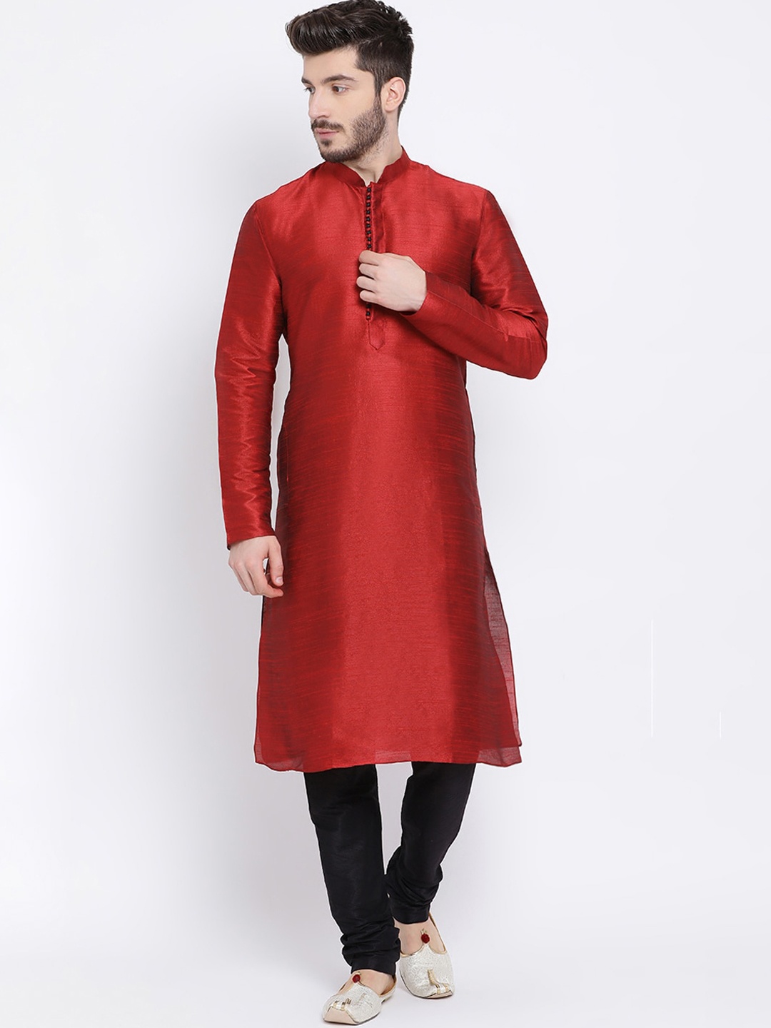 

NAMASKAR Men Maroon Dupion Silk Solid Kurta