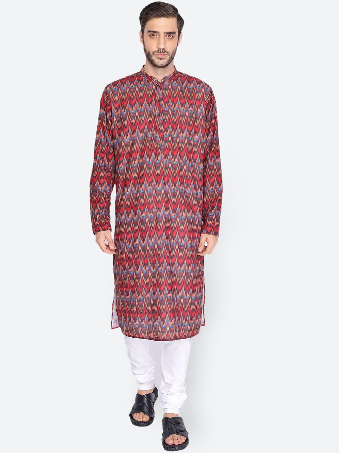 

NAMASKAR Men Maroon & Blue Cotton Linen Printed Kurta