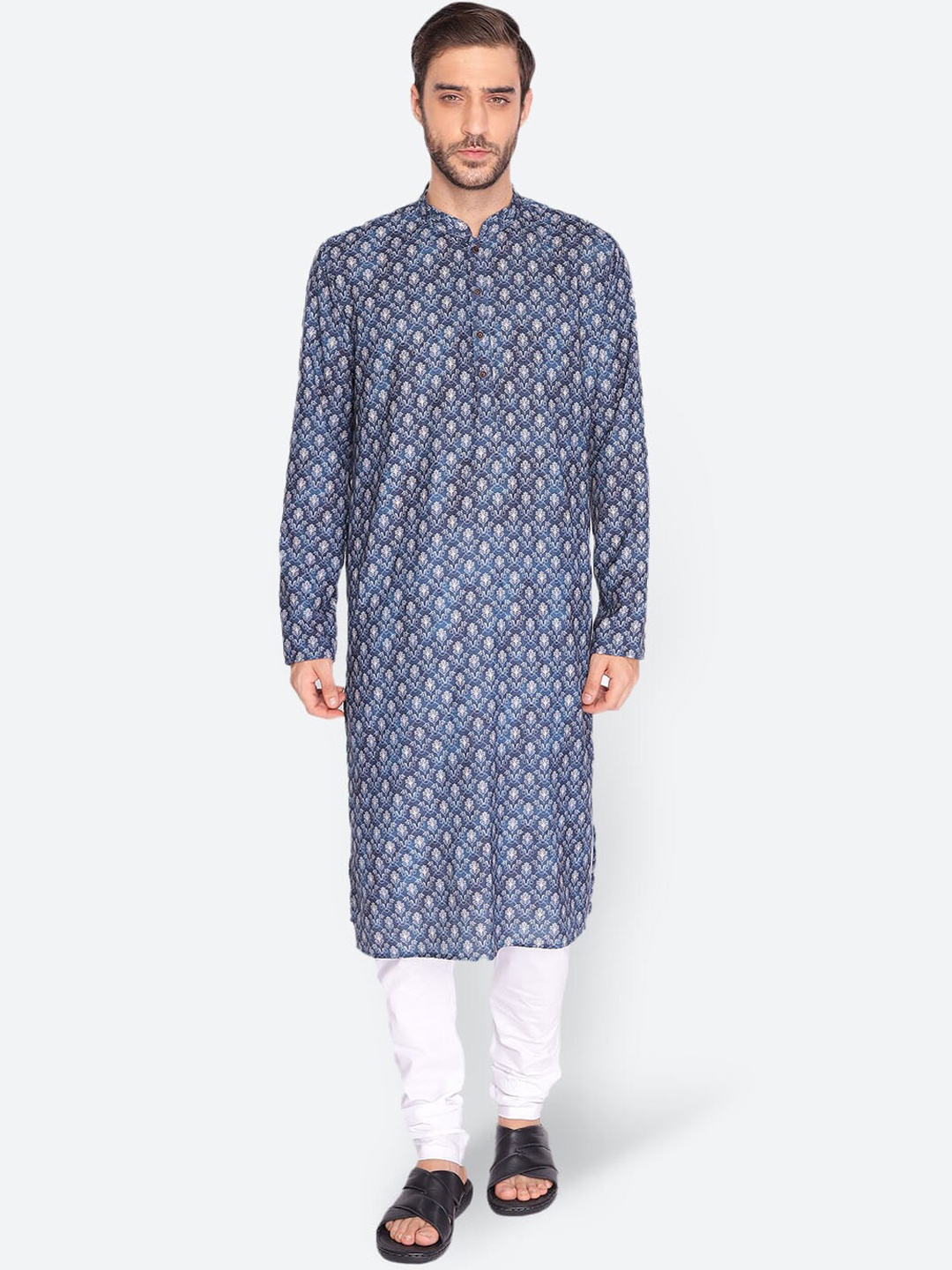 

NAMASKAR Men Blue Floral Printed Cotton Linen Kurta