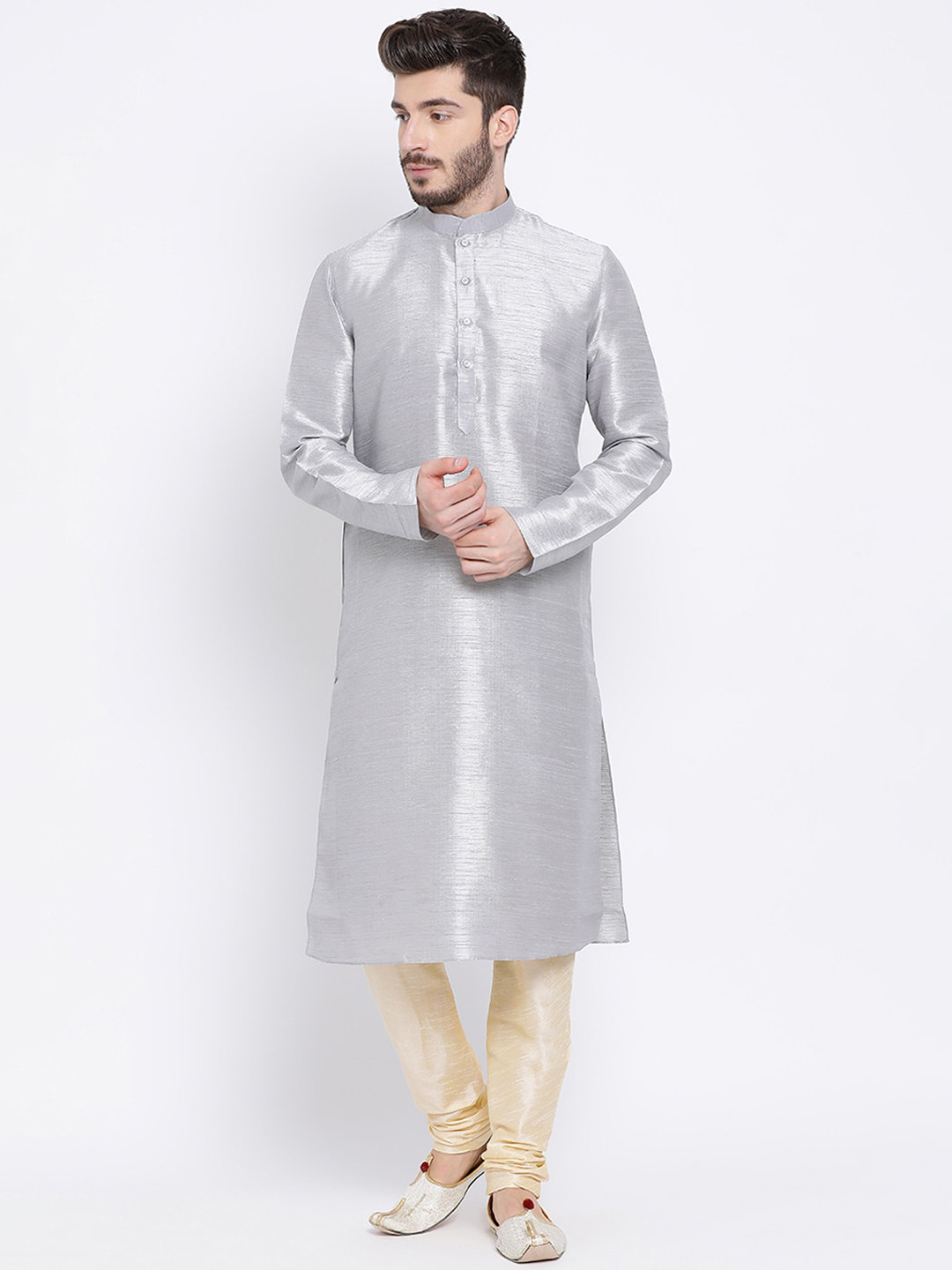

NAMASKAR Men Silver-Toned Silk Solid A-line Kurta