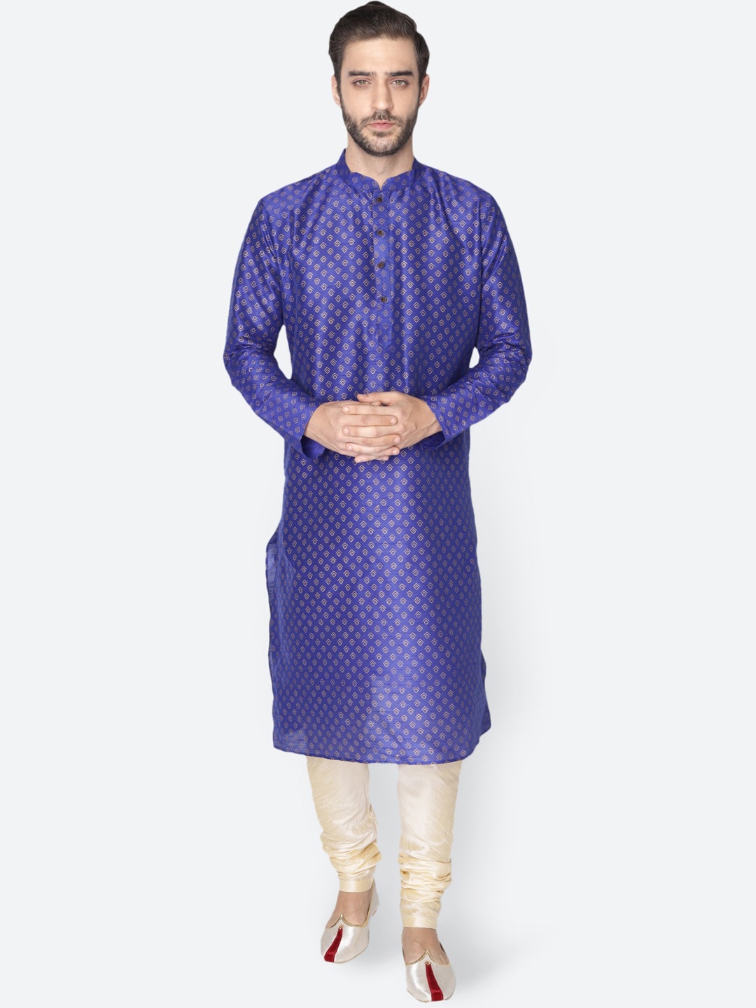 

NAMASKAR Men Blue & Gold-Toned Dupion Silk Printed Kurta