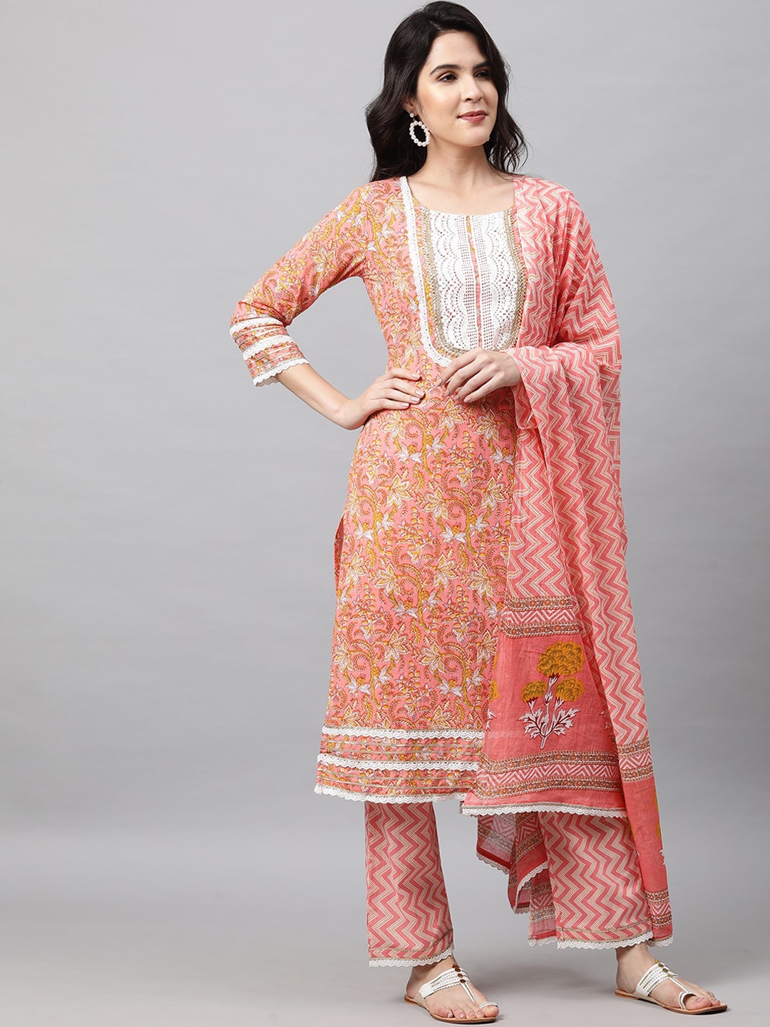 

FASHOR Women Peach-Coloured Embroidered Gotta Patti Pure Cotton Kurta with Trousers & With Dupatta