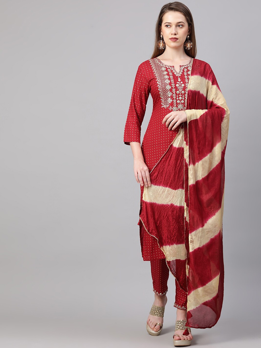 

FASHOR Women Red Ethnic Motifs Yoke Design Thread Work Kurta with Trousers & With Dupatta