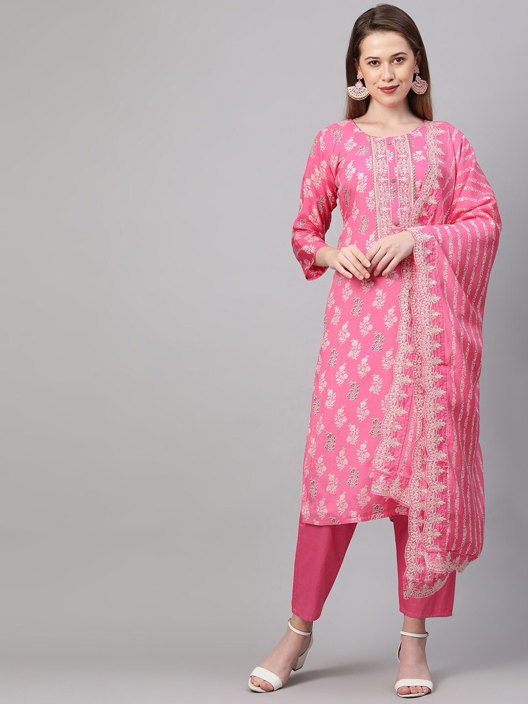 

FASHOR Women Pink Floral Printed Thread Work Kurta with Trousers & With Dupatta