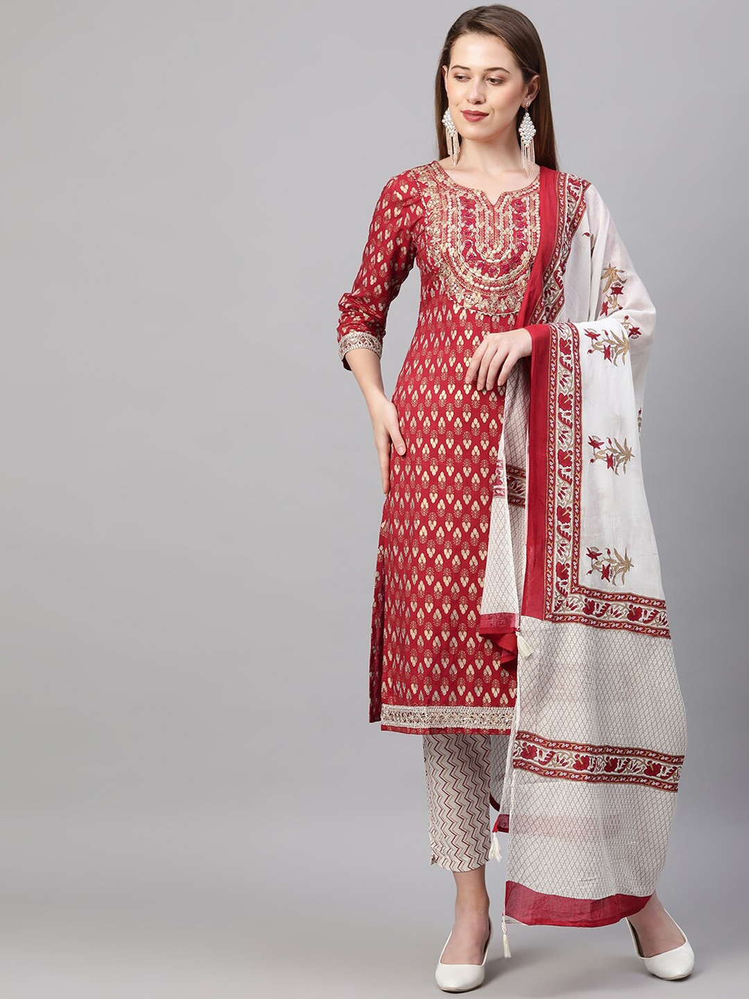 

FASHOR Women Red Printed Pure Cotton Kurta with Trousers & Dupatta