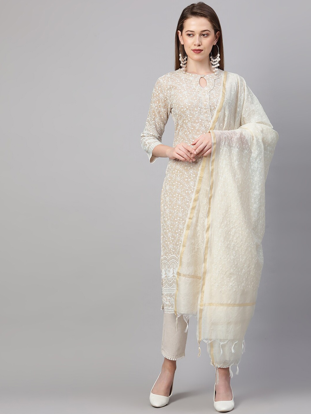 

FASHOR Women Beige & White Embroidered Chikankari Kurta with Trousers & Dupatta