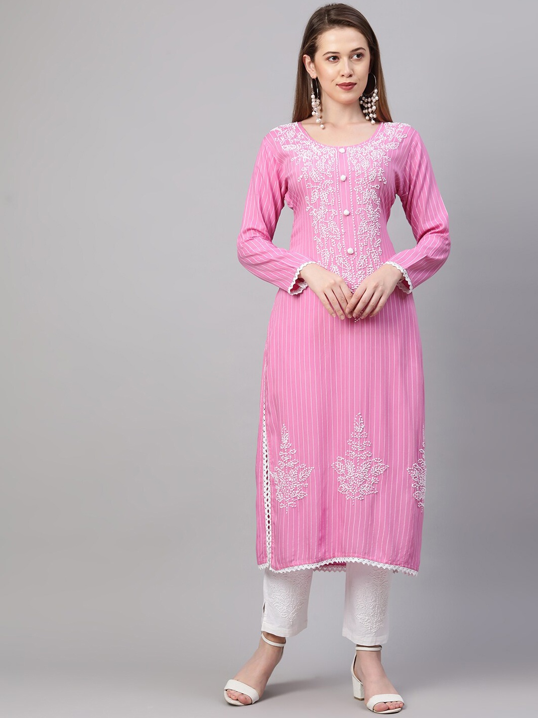 

FASHOR Women Pink Ethnic Motifs Yoke Design Thread Work Kurta with Trousers