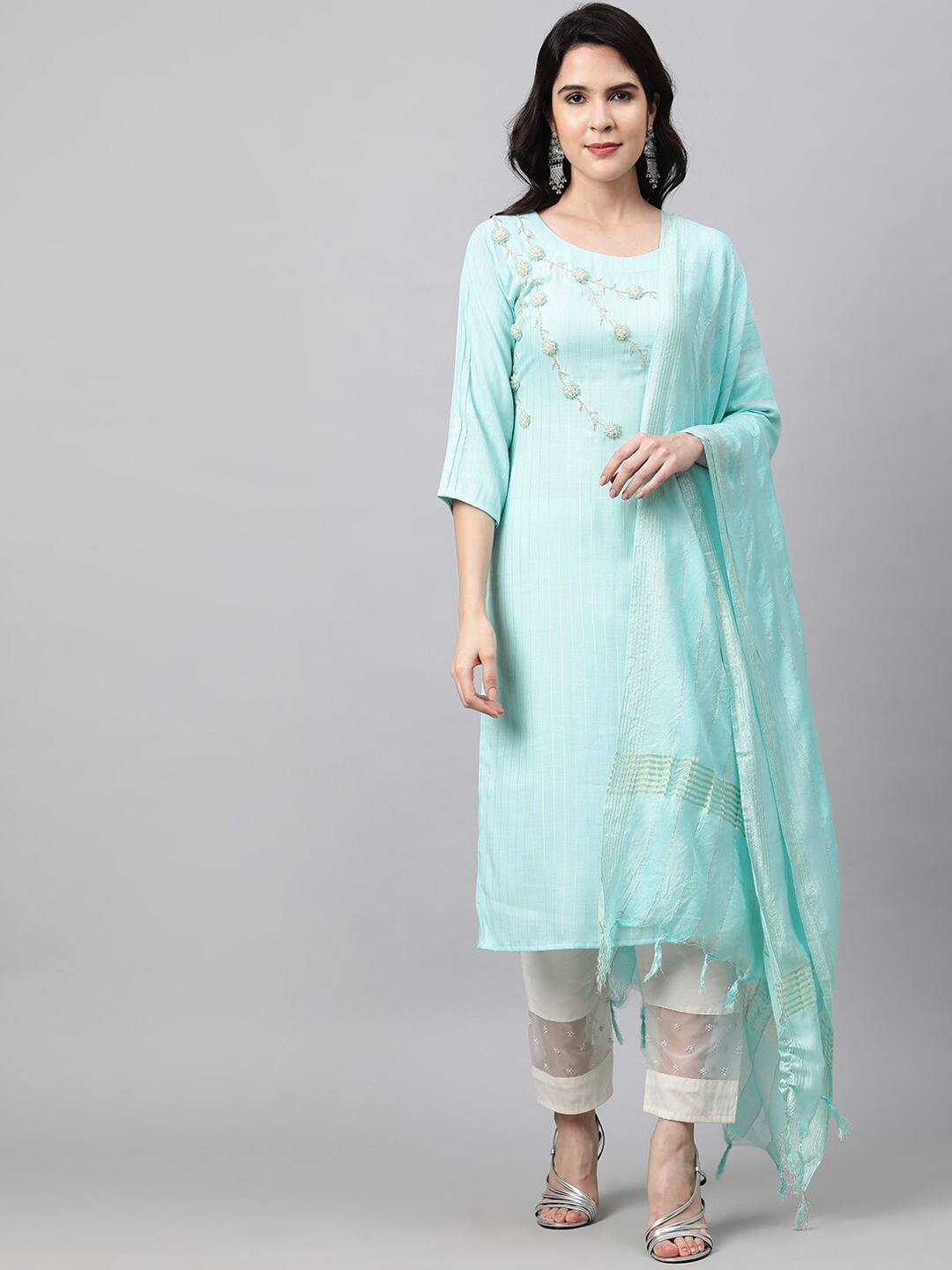 

FASHOR Women Blue Embroidered Gotta Patti Kurta with Dupatta
