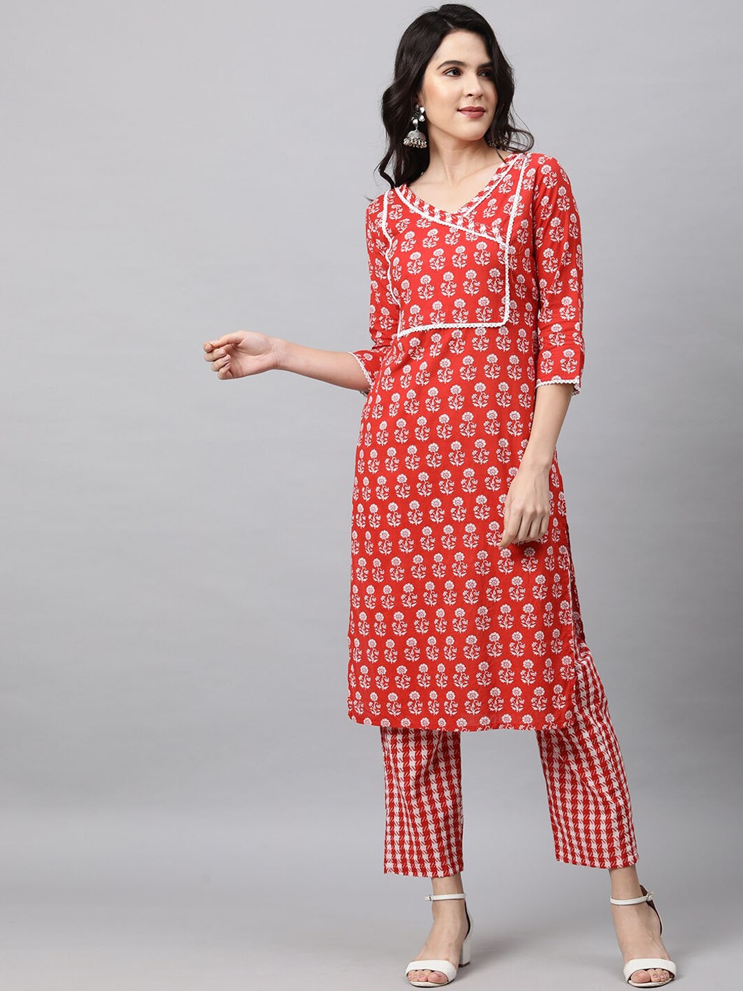 

FASHOR Women Crimson Red Ethnic Motifs Printed Pure Cotton Kurta with Trousers