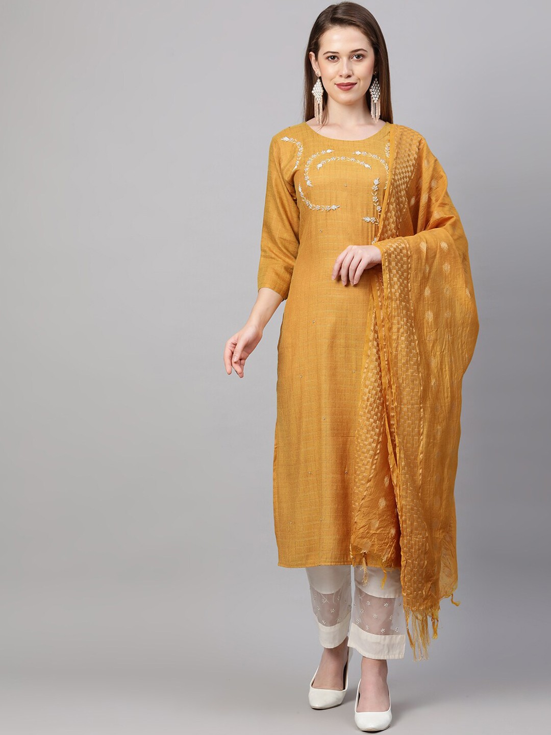 

FASHOR Women Mustard Yellow Yoke Design Kurta
