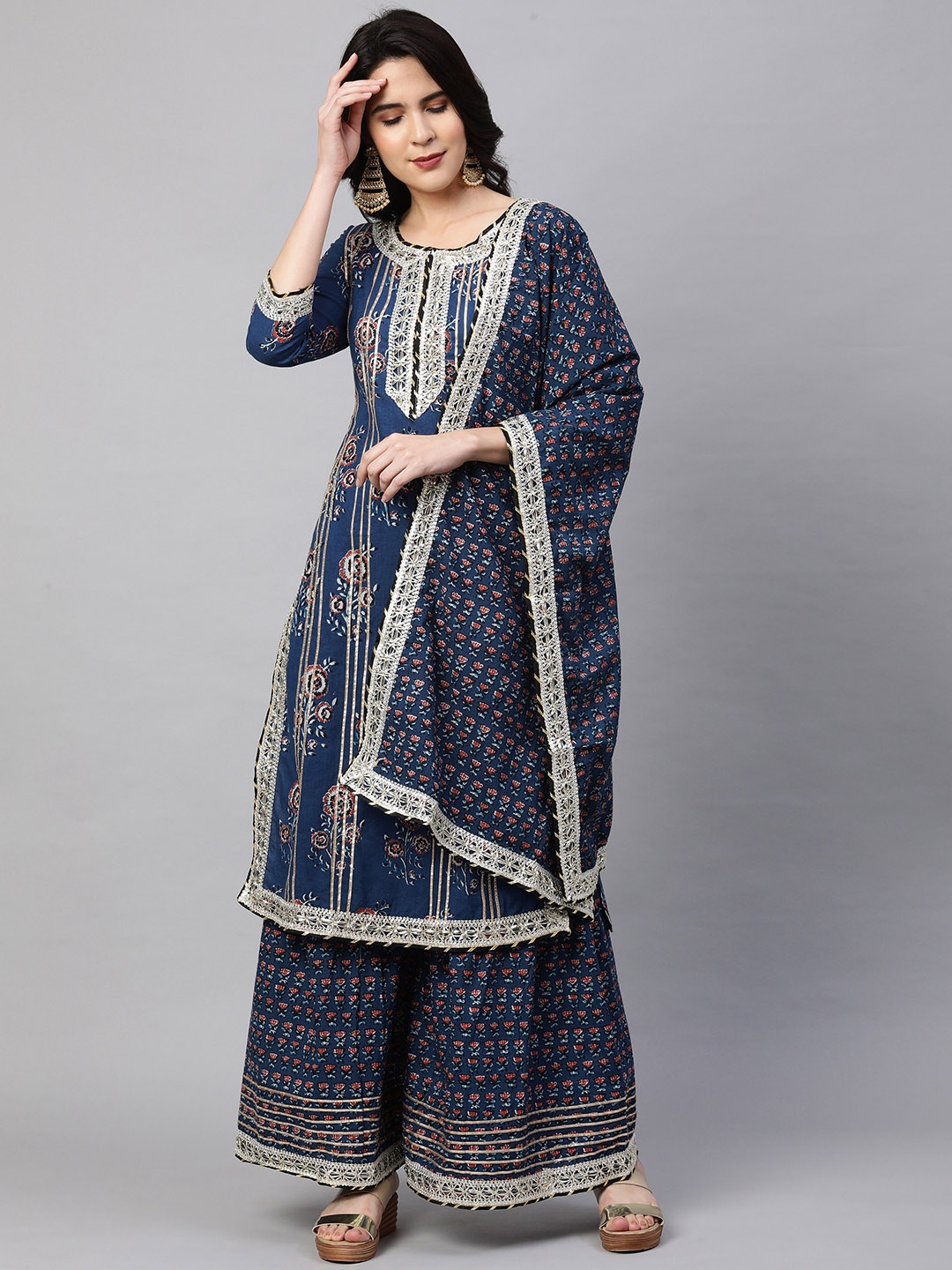 

FASHOR Women Blue Floral Printed Gotta Patti Pure Cotton Kurta with Palazzos & With Dupatta