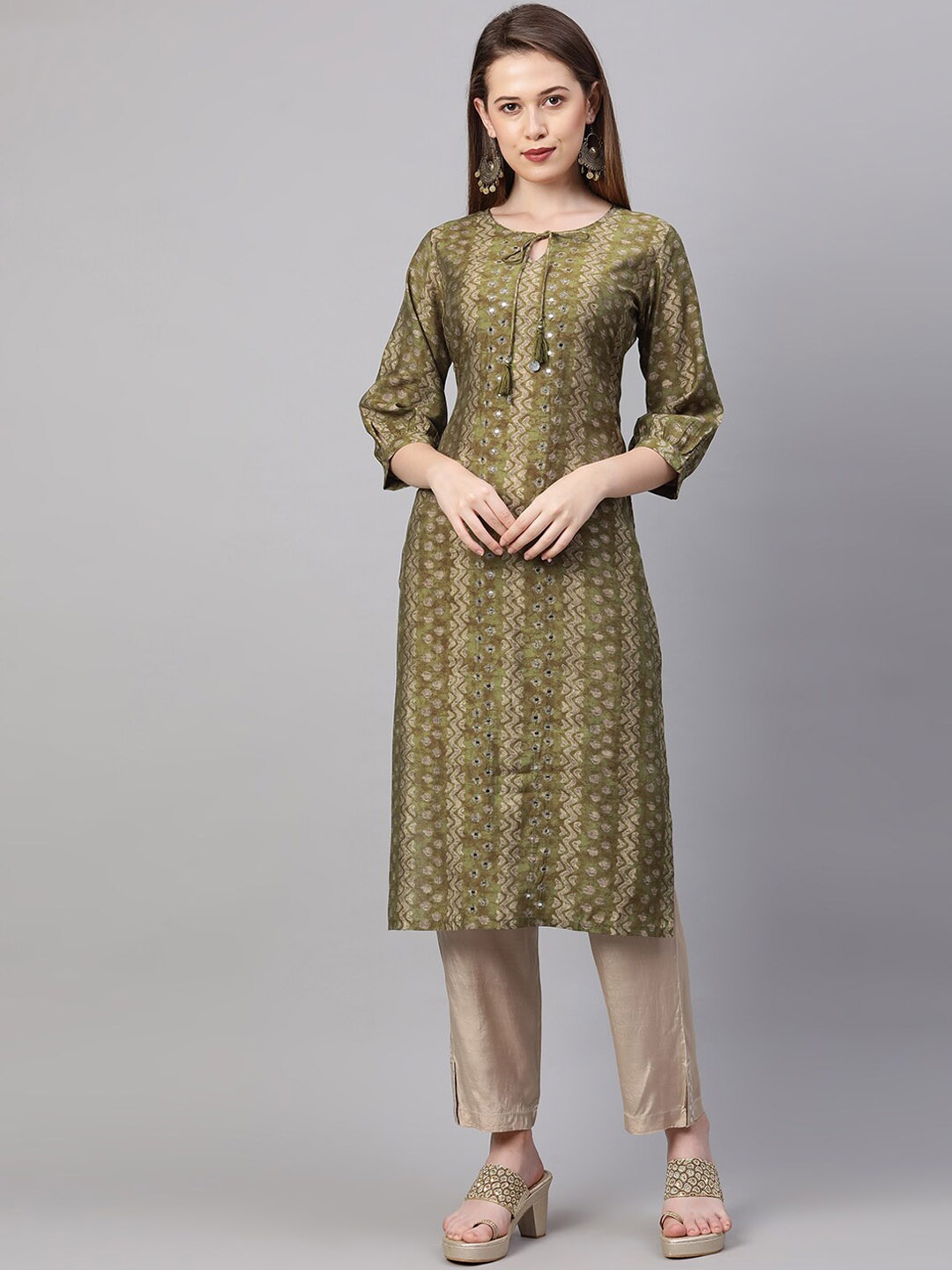 

FASHOR Women Green & Beige Screen Printed Mirror Work Kurta with Trousers
