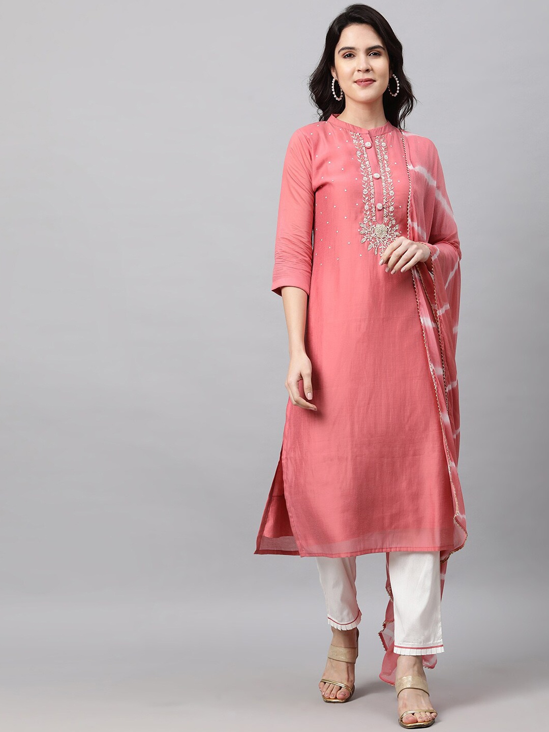 

FASHOR Women Pink Striped Pleated Zardozi Chanderi Silk Kurta with Trousers & With Dupatta