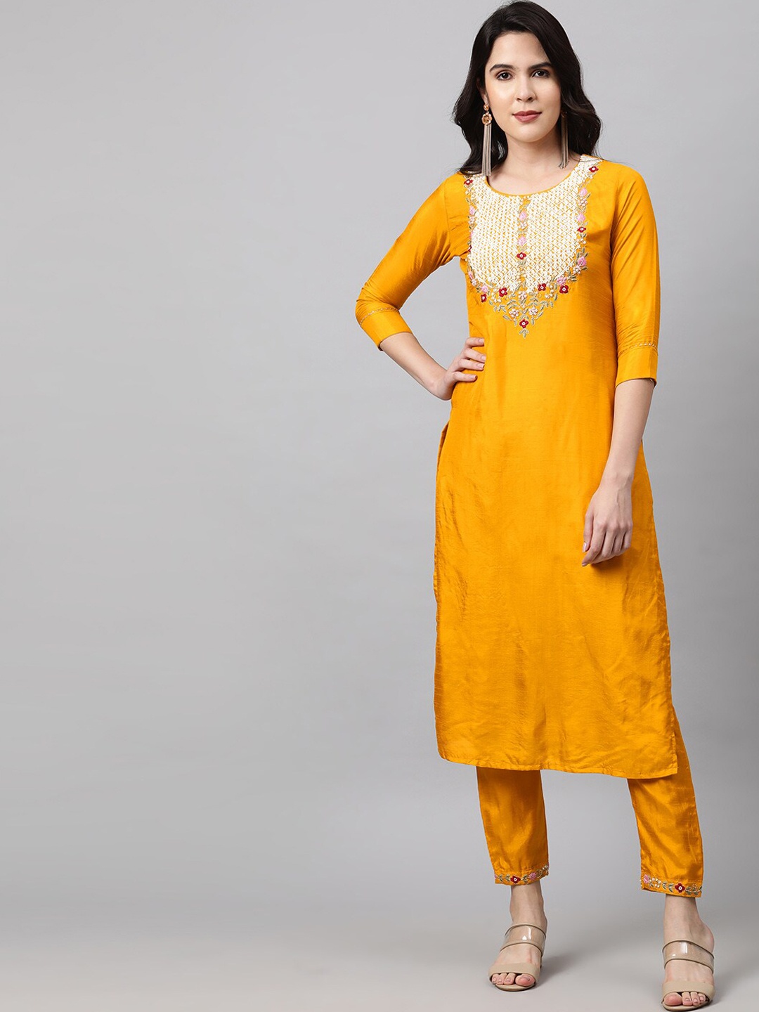 

FASHOR Women Mustard Yellow Embroidered Beads and Stones Pure Silk Kurta with Trousers