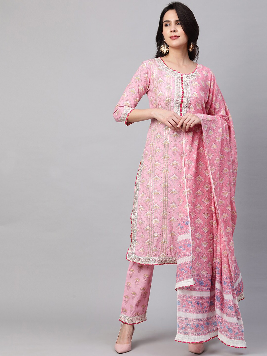 

FASHOR Women Pink Printed Kurta with Trousers & Dupatta