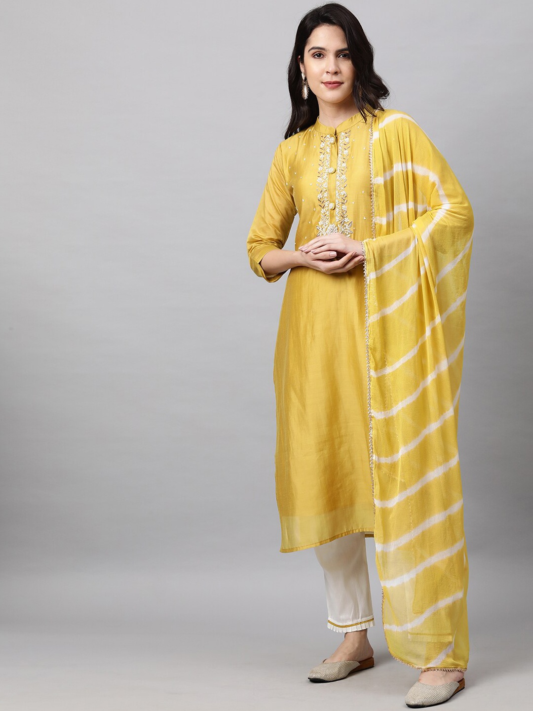 

FASHOR Women Yellow Striped Zardozi Chanderi Silk Kurta with Trousers