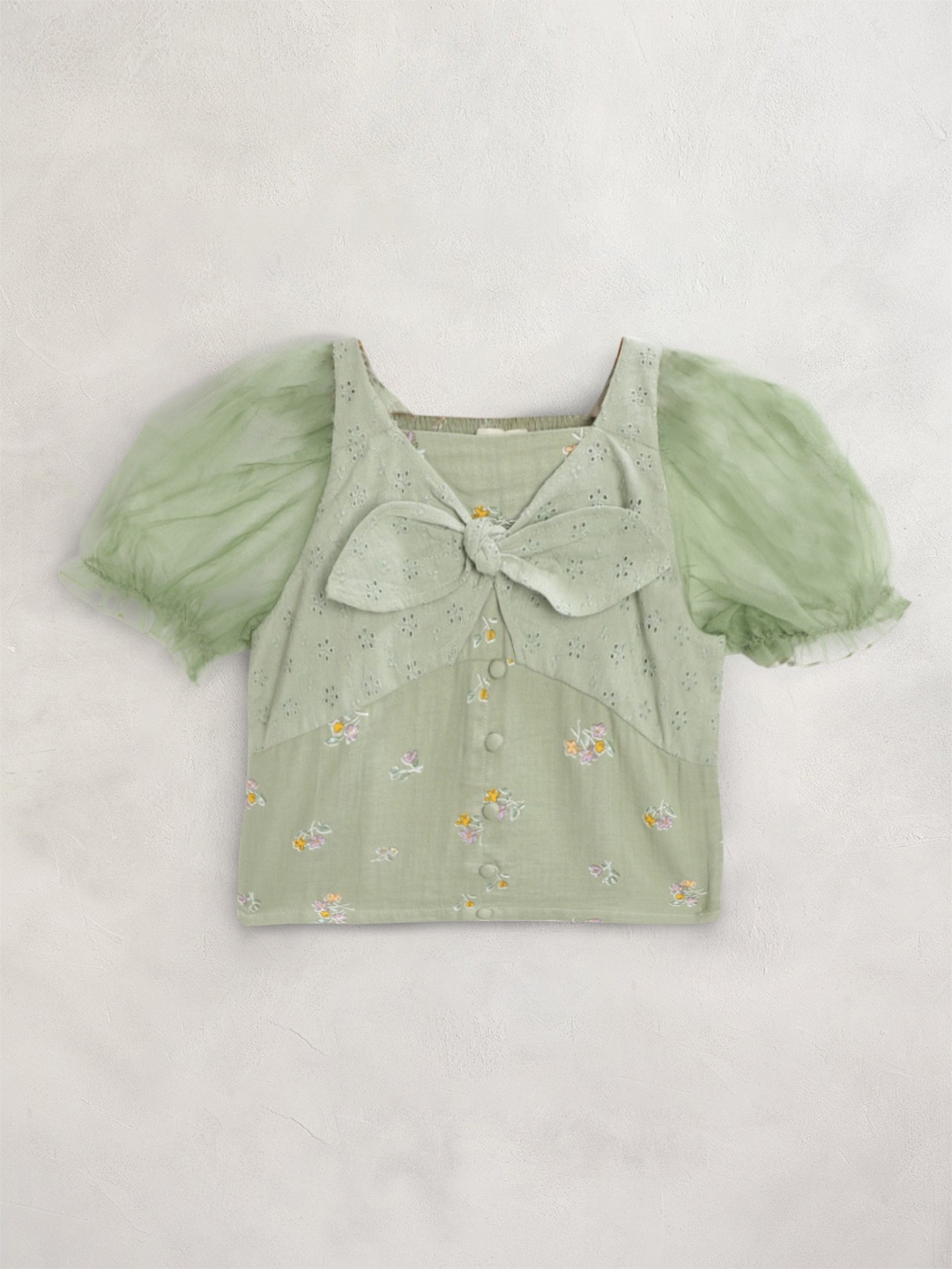 

Cherry Crumble Girls Green & Yellow Cotton Floral Print Smocked Top