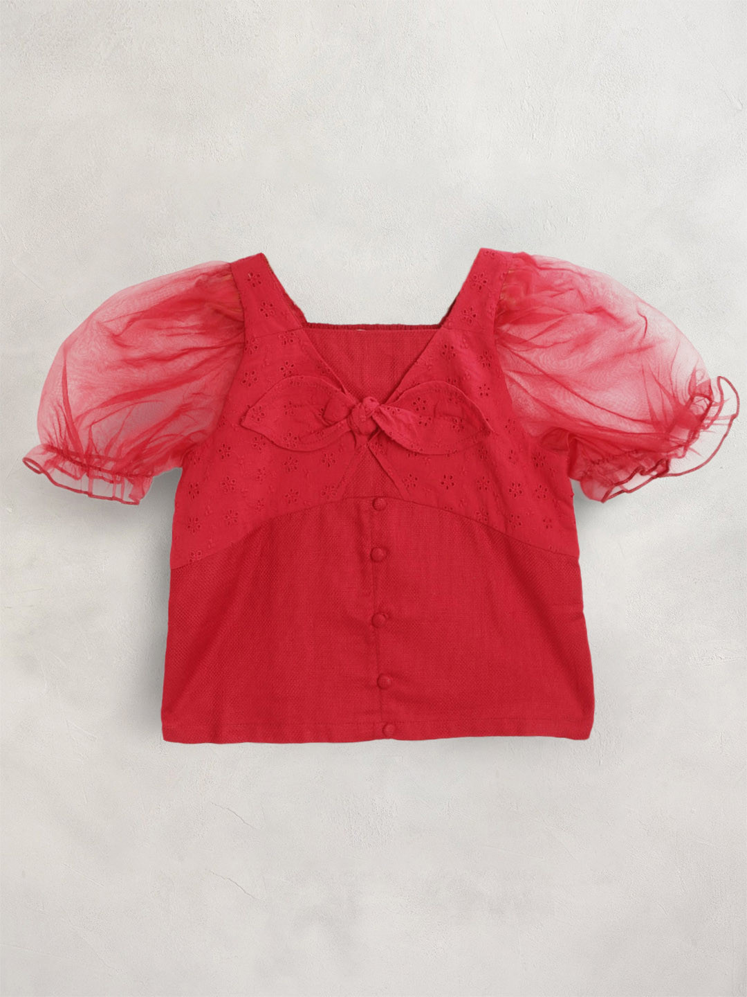 

Cherry Crumble Girls Red Cotton Solid Smocked Casual Top