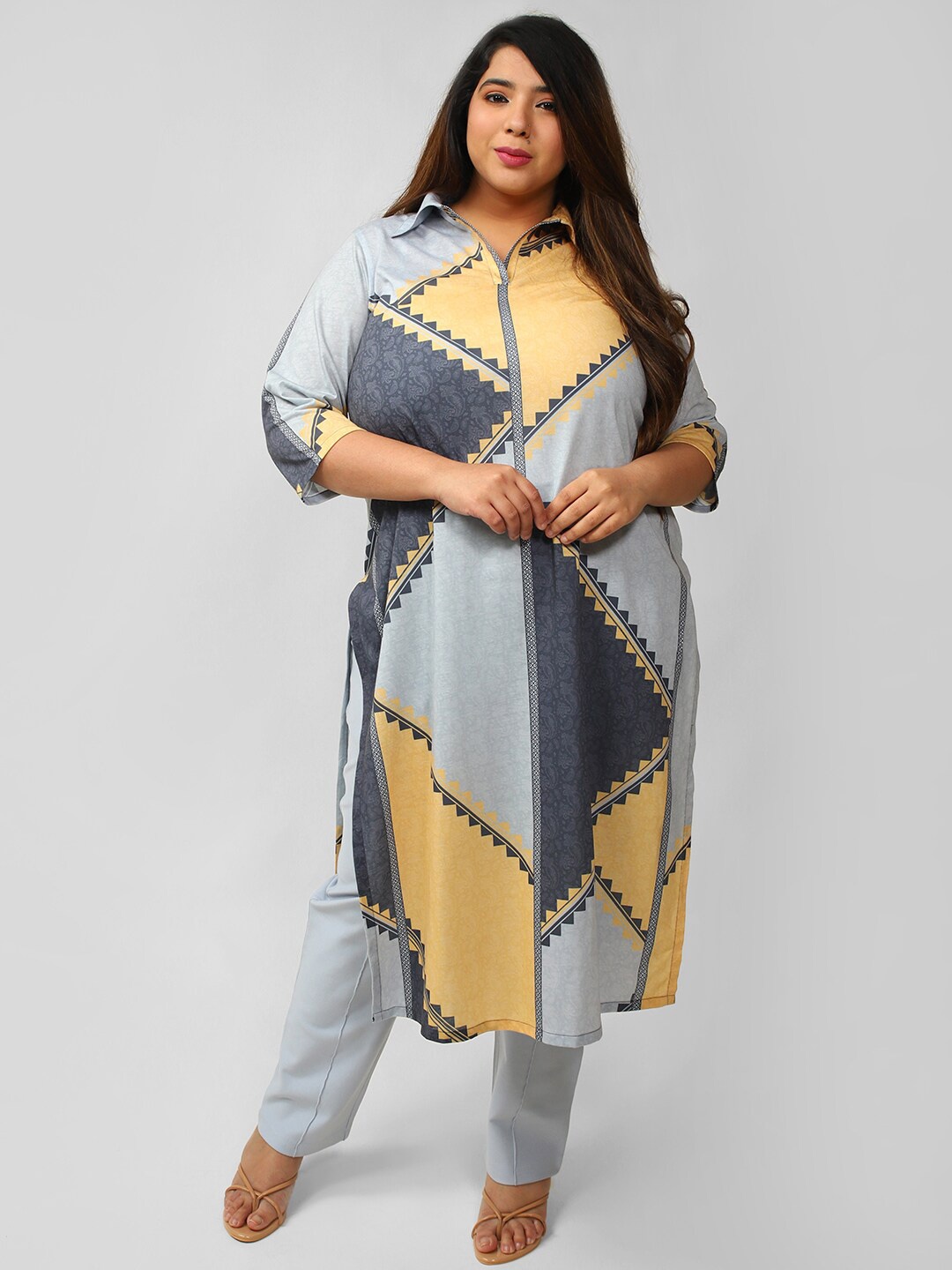 

Amydus Women Plus Size Yellow & Grey Geometric Printed Kurta