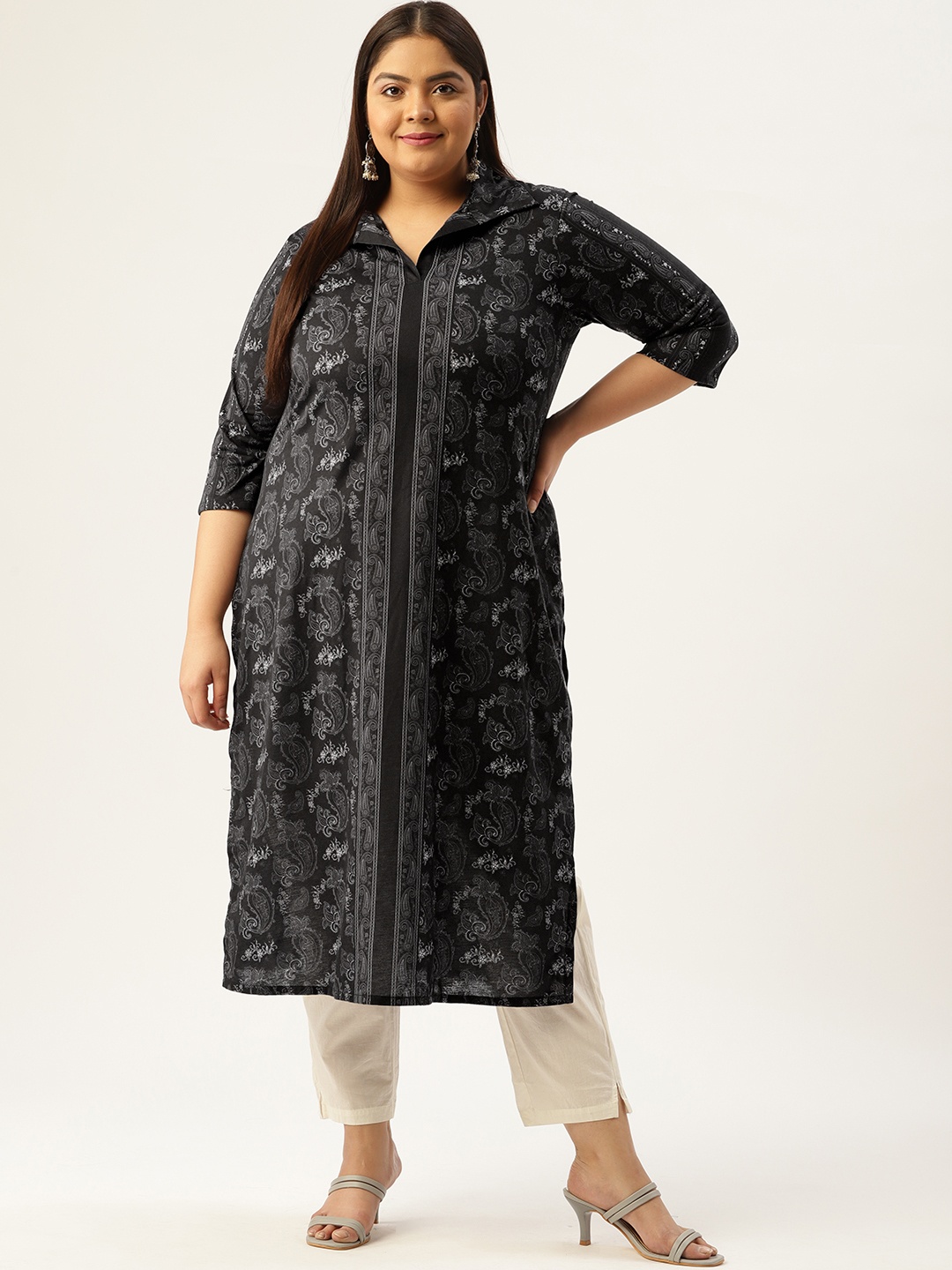 

Amydus Plus Size Black Paisley Printed Shirt Collar Kurta