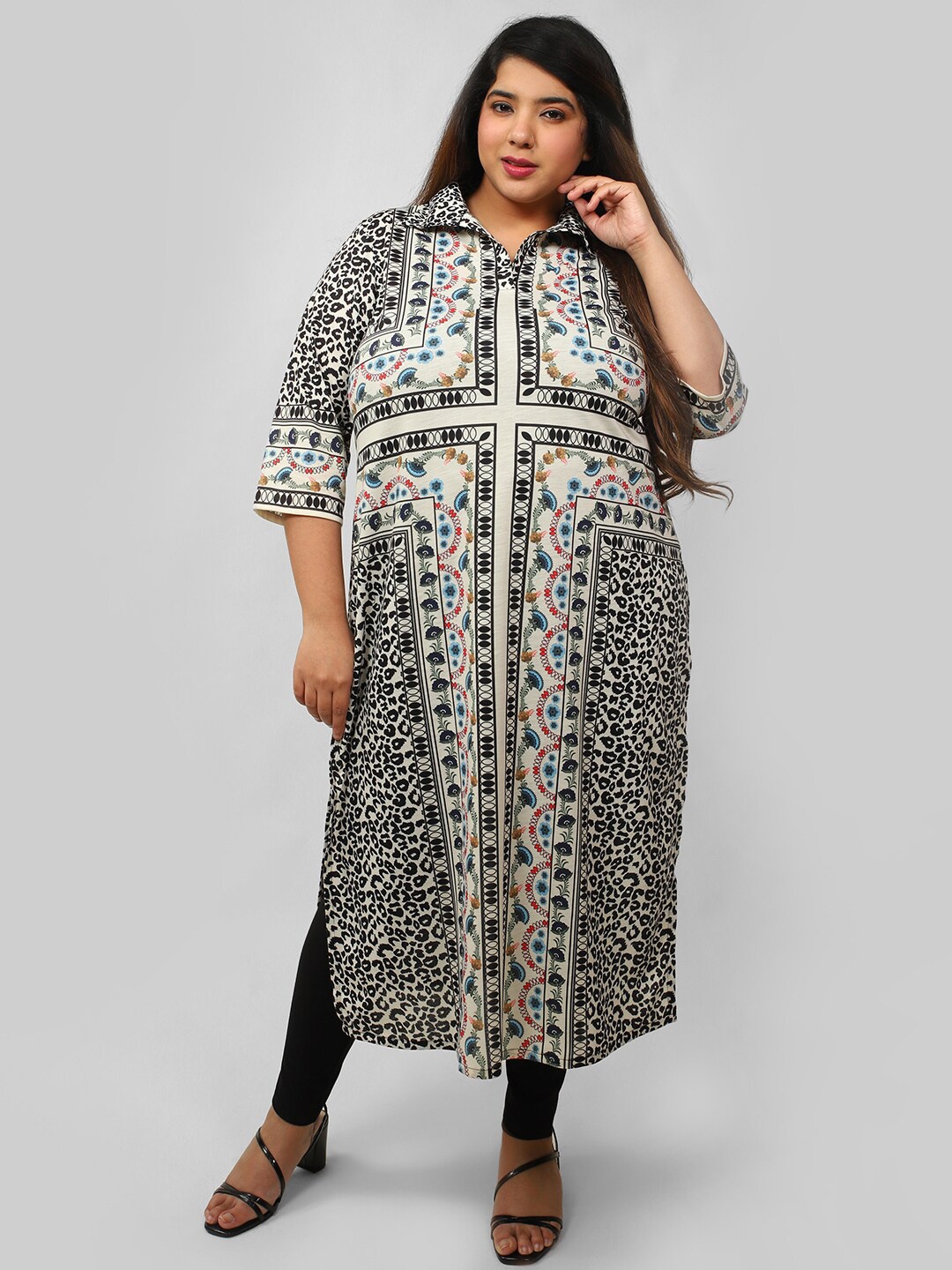 

Amydus Plus Size Women Beige & Black Printed Kurta