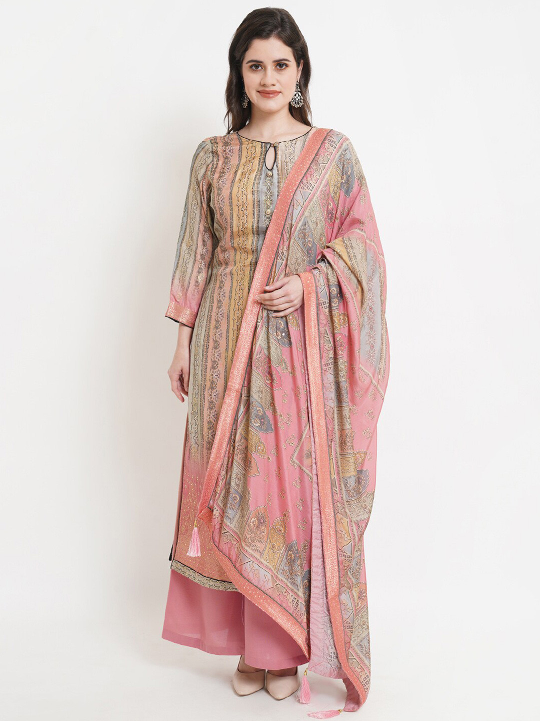 

Stylee LIFESTYLE Pink & Grey Printed Unstitched Dress Material