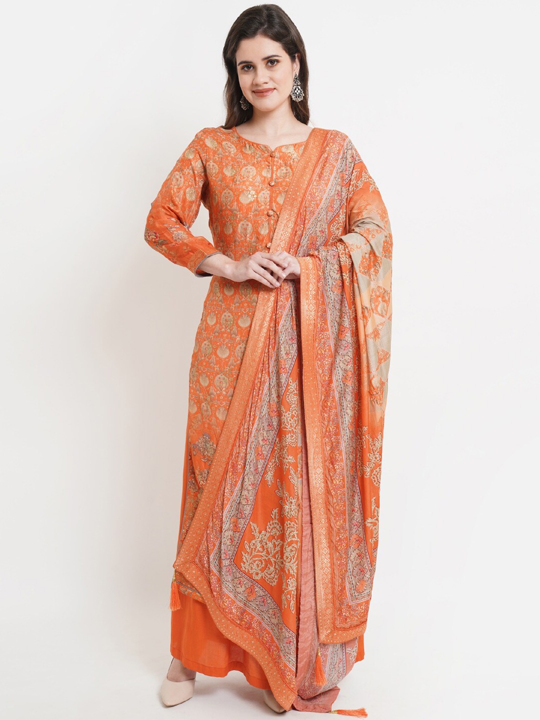 

Stylee LIFESTYLE Women Orange Printed Unstitched Dress Material