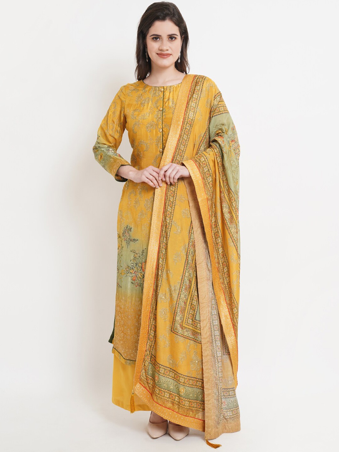 

Stylee LIFESTYLE Yellow & Gold-Toned Printed Unstitched Dress Material