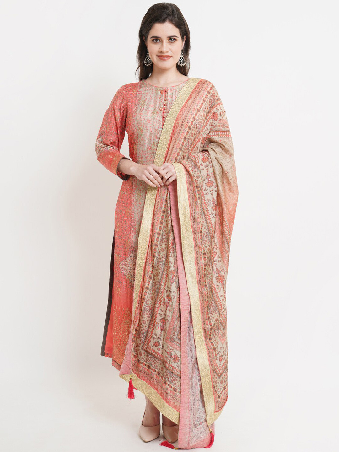 

Stylee LIFESTYLE Pink & Gold-Toned Printed Unstitched Dress Material