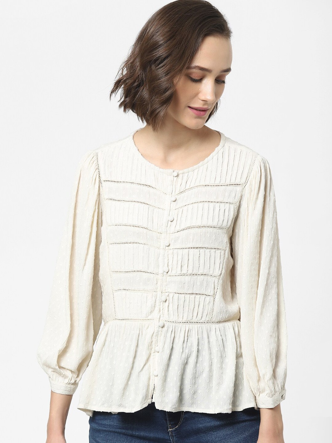 

ONLY Beige Dobby Puff Sleeves Peplum Top