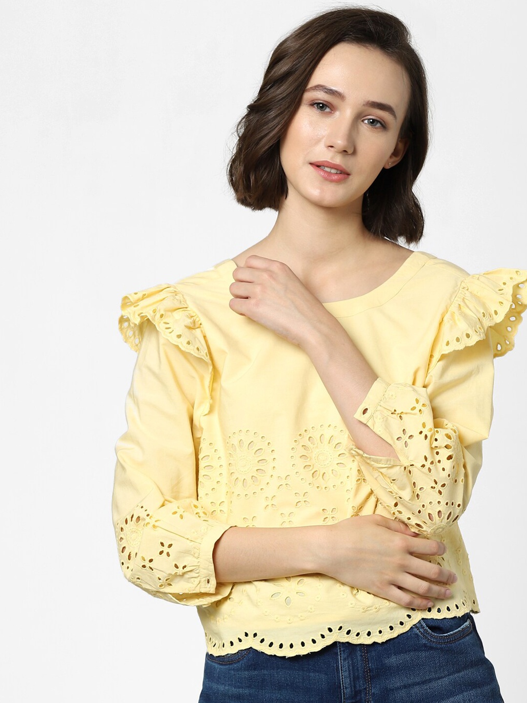 

ONLY Yellow Embroidered Top