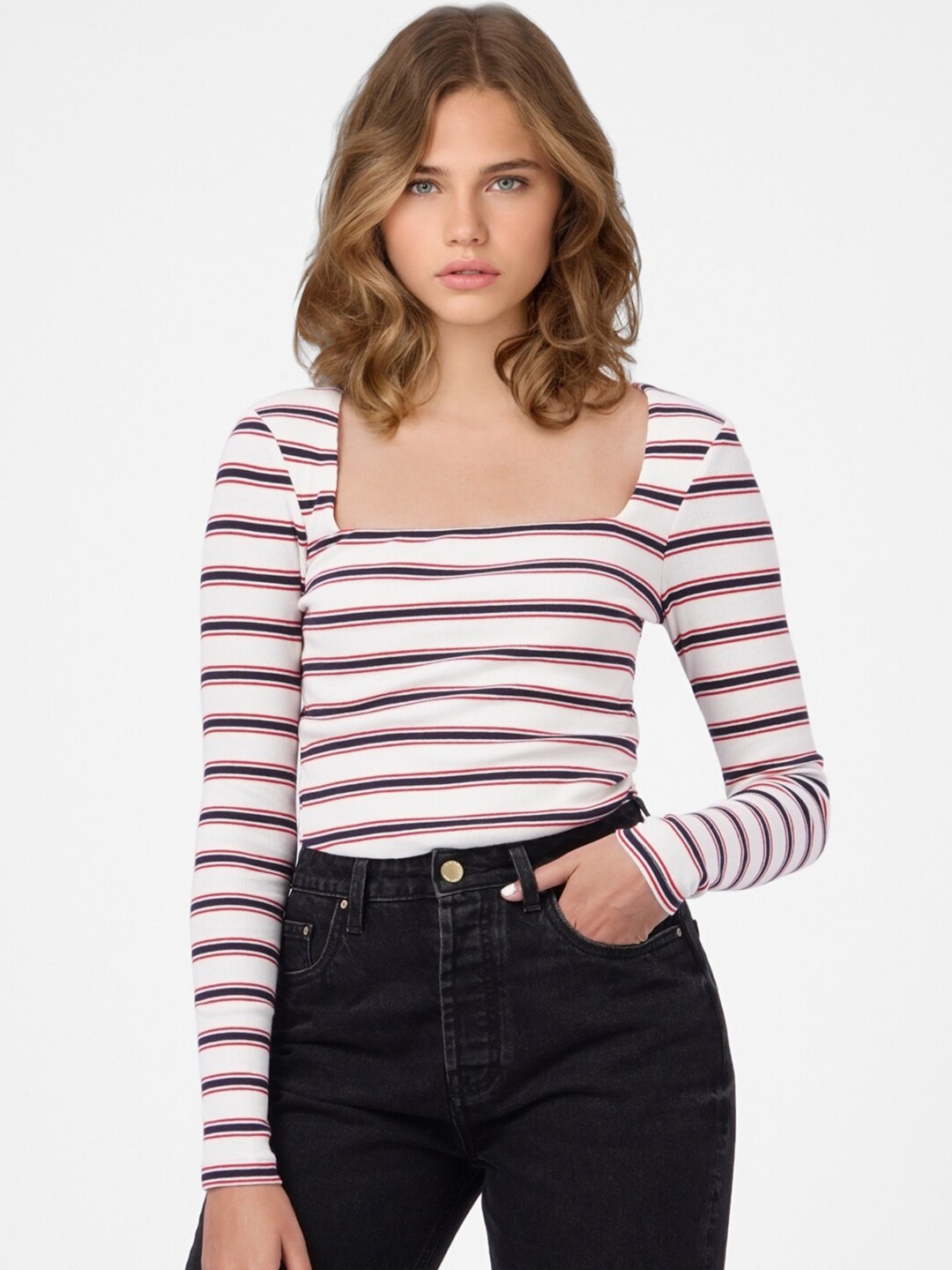 

ONLY White & Blue Striped Top