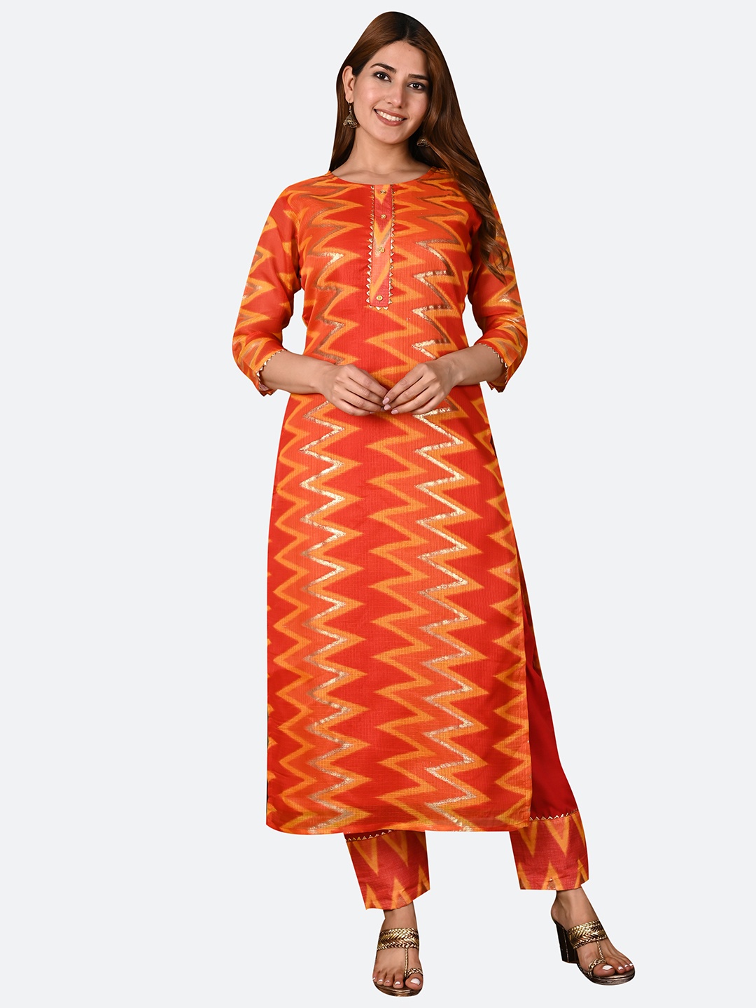 

KALINI Women Orange Printed Kurta with Trousers