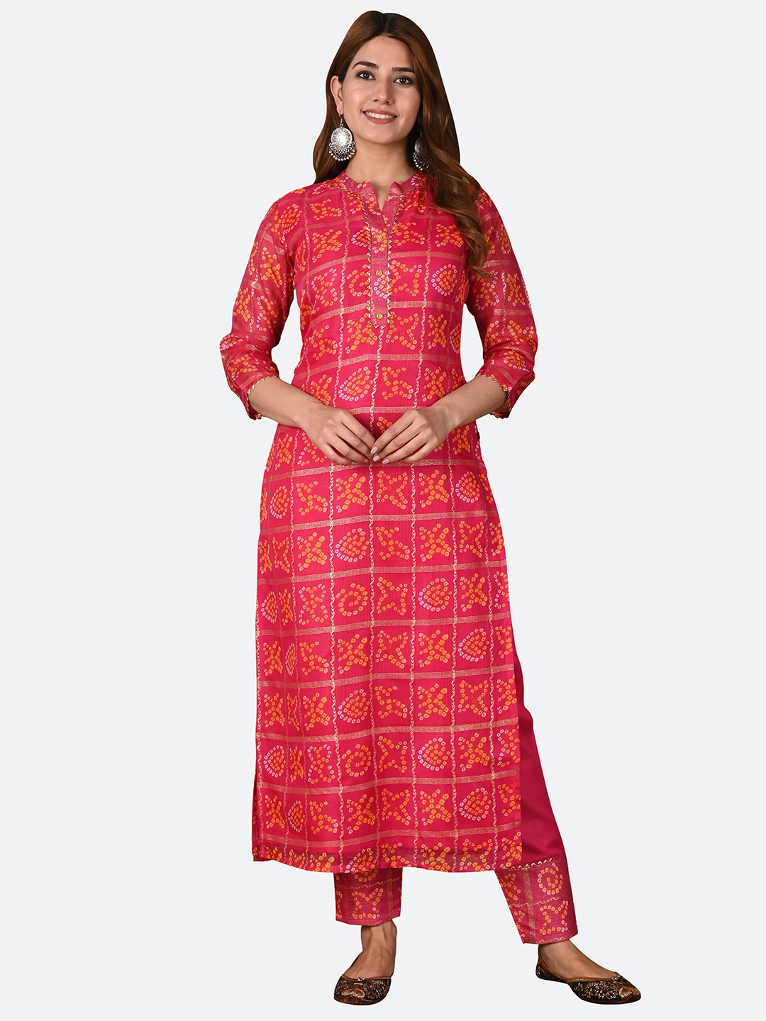

KALINI Women Pink Bandhani Printed Straight Kurta with Trousers