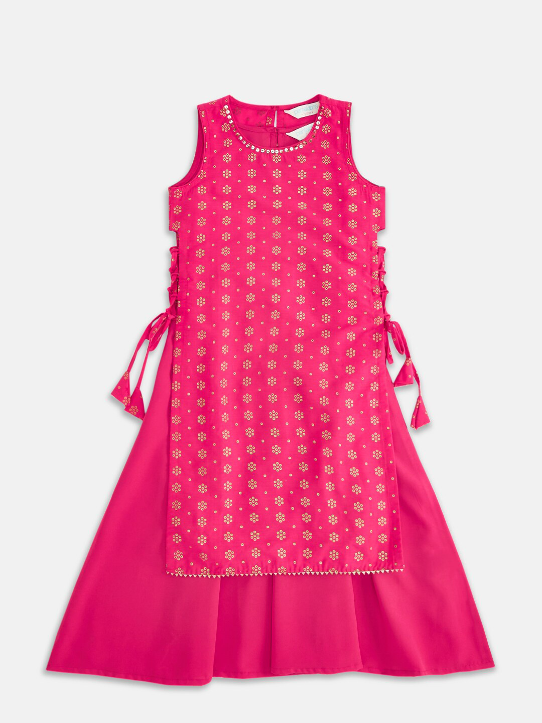 

AKKRITI BY PANTALOONS Girls Fuchsia & Gold-Toned Printed Ethnic Layered A-Line Dress