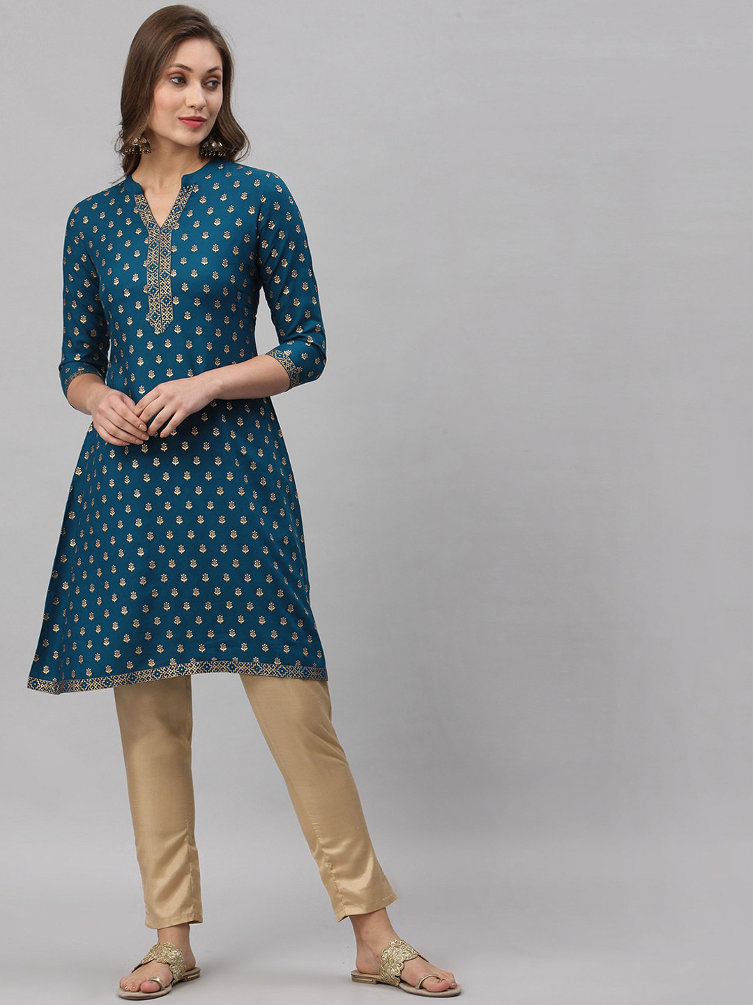 

KALINI Women Teal & Gold-Toned Foil Floral Printed Kurta