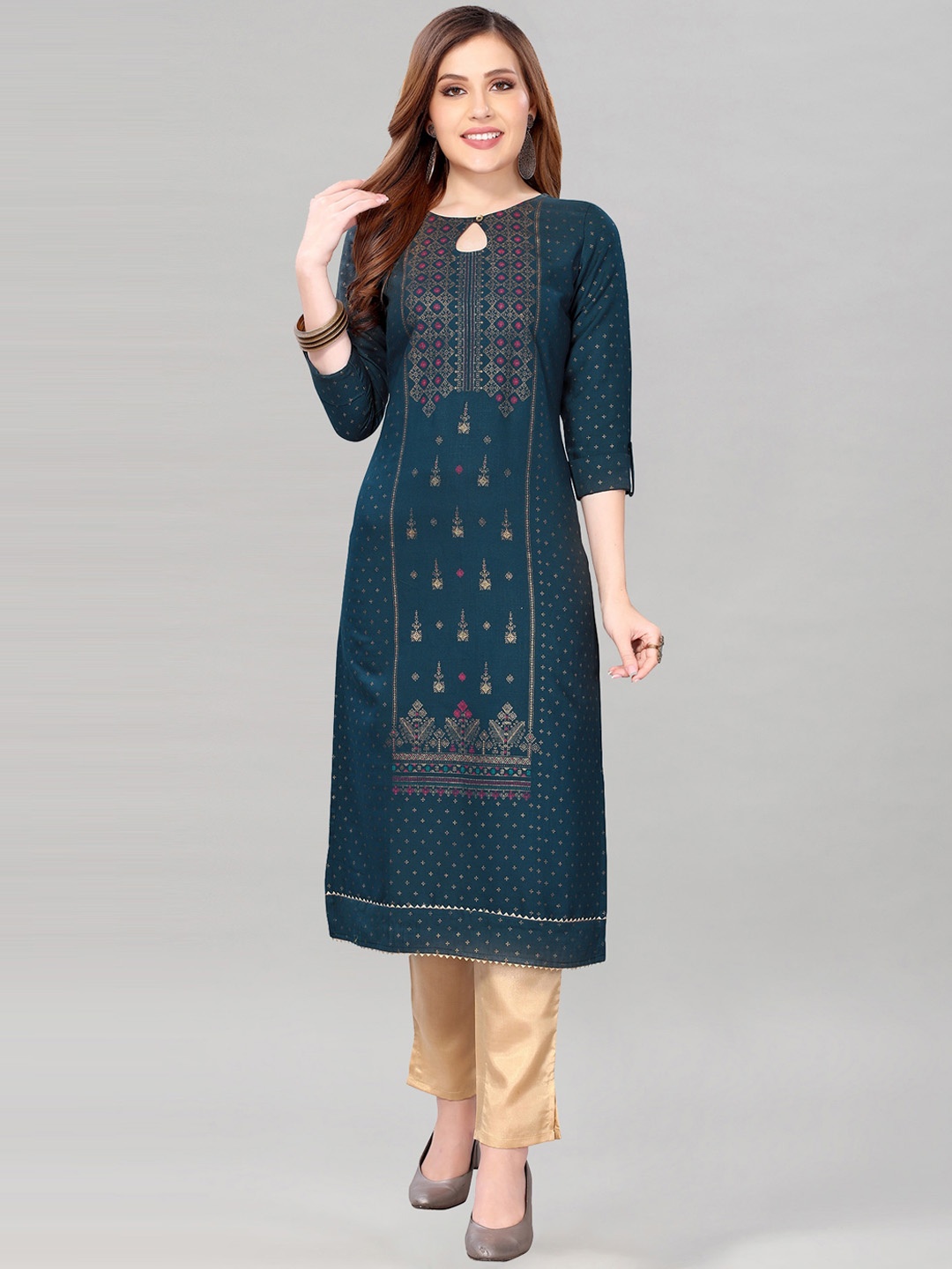 

KALINI Women Teal & Gold-Toned Ethnic Motifs Printed Keyhole Neck Kurta