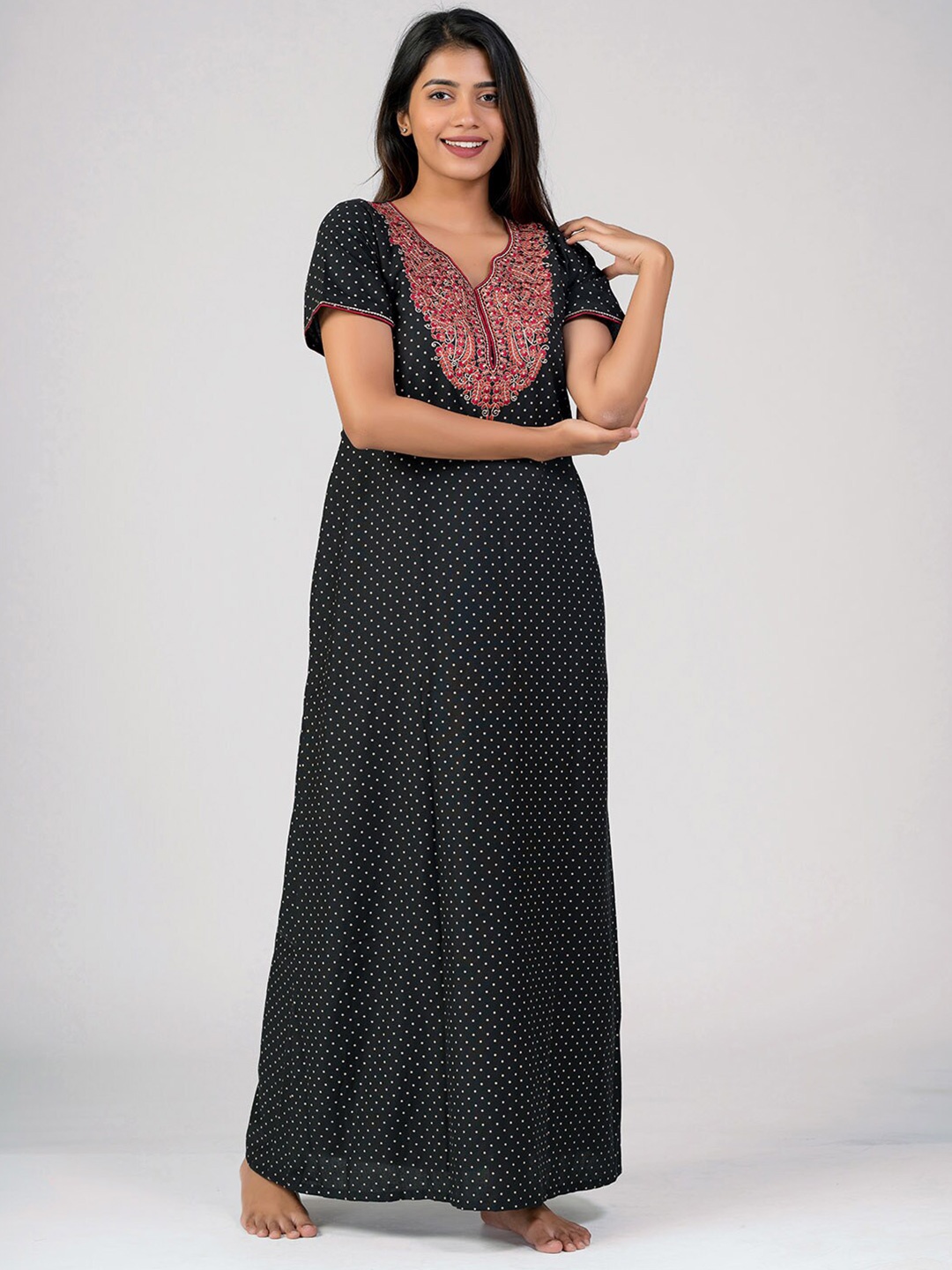 

Maybell Black Embroidered Cotton Maxi Nightdress