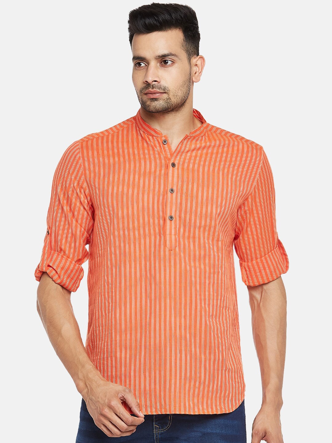 

indus route by Pantaloons Men Red & White Striped Pure Cotton Kurta